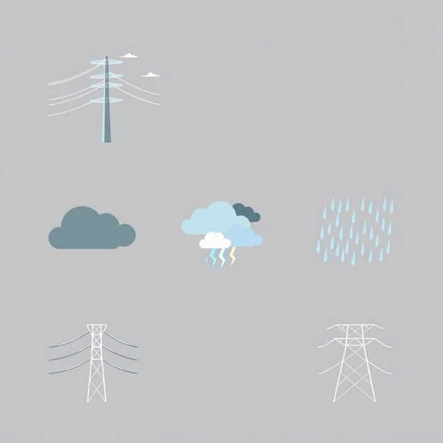 A set of vector icons specifically designed for an academic presentation in a Bachelor of Science in Electrical and Electronics Engineering (EEE), illustrating storms impacting transmission lines