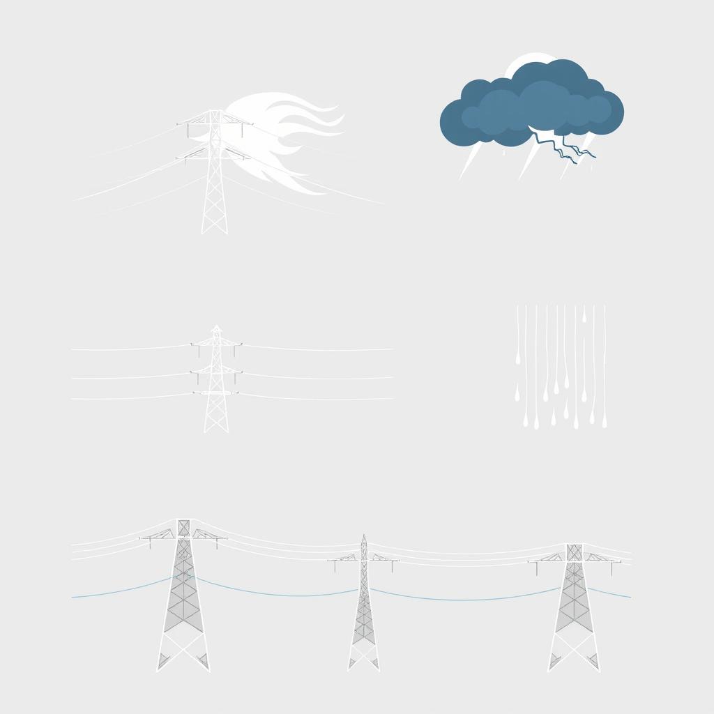 A set of vector icons specifically designed for an academic presentation in a Bachelor of Science in Electrical and Electronics Engineering (EEE), illustrating storms impacting transmission lines