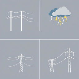 A set of vector icons specifically designed for an academic presentation in a Bachelor of Science in Electrical and Electronics Engineering (EEE), illustrating storms impacting transmission lines