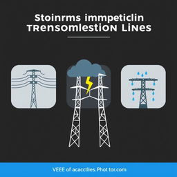 A set of vector icons specifically designed for an academic presentation in a Bachelor of Science in Electrical and Electronics Engineering (EEE), illustrating storms impacting transmission lines
