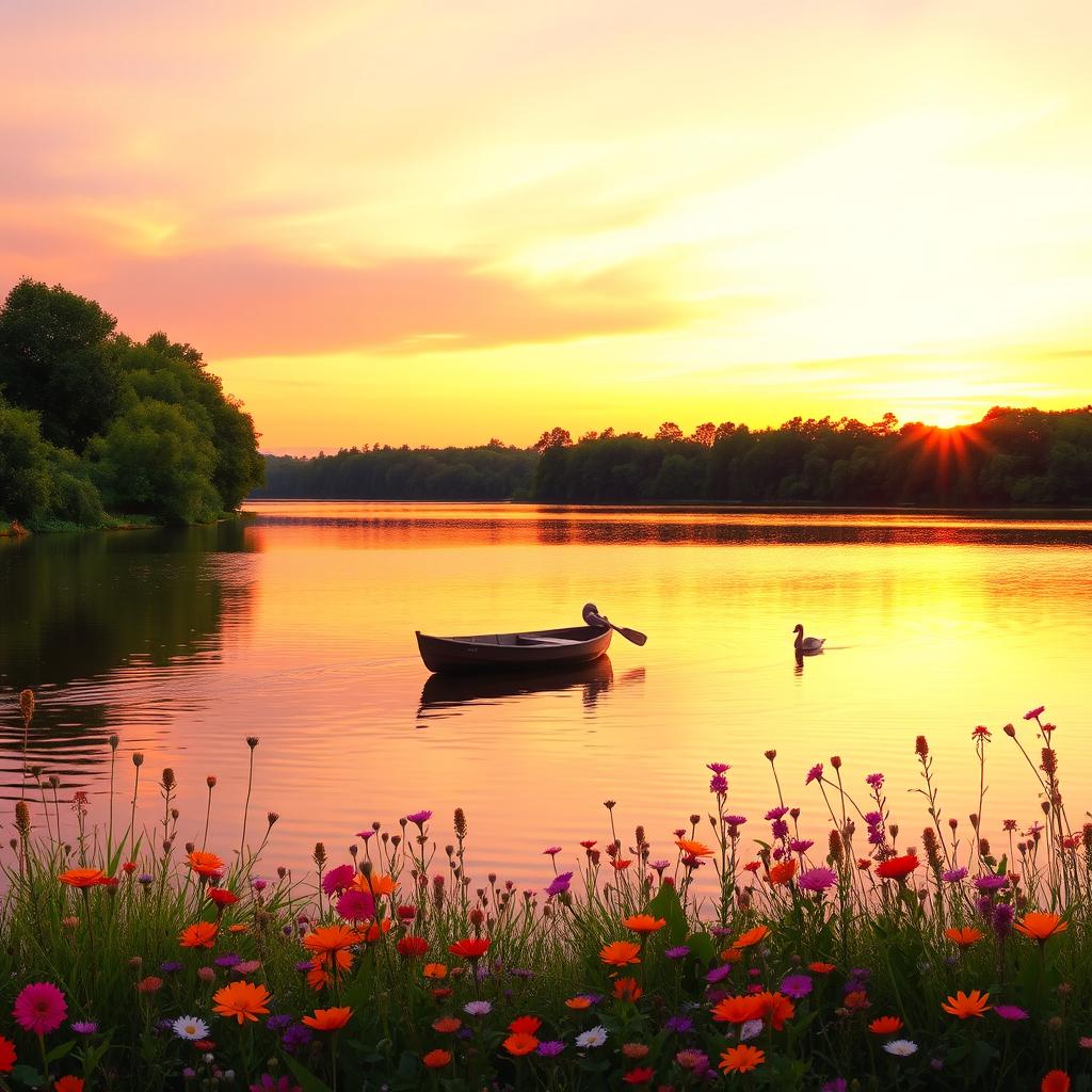 A serene landscape with a tranquil lake surrounded by lush green trees