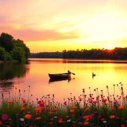 A serene landscape with a tranquil lake surrounded by lush green trees