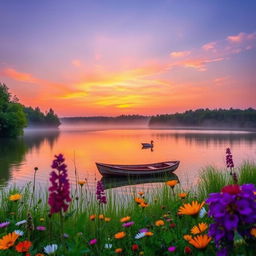 A serene landscape with a tranquil lake surrounded by lush green trees