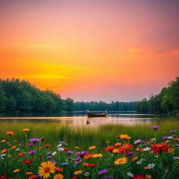 A serene landscape with a tranquil lake surrounded by lush green trees