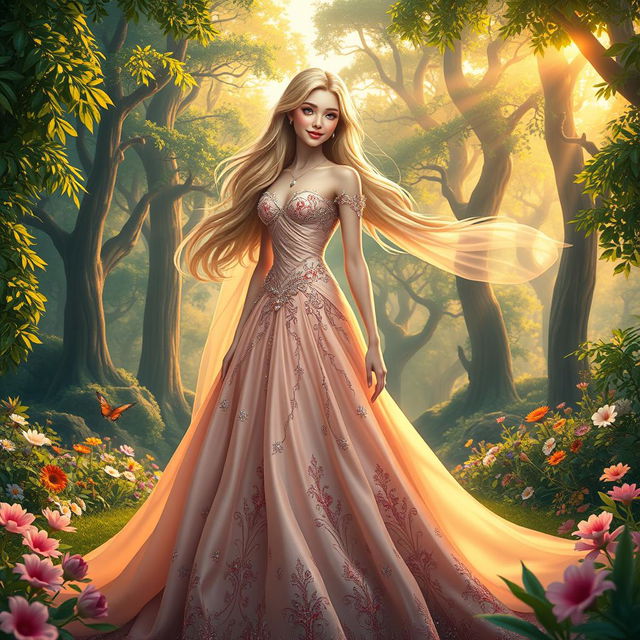 A stunning female in a beautiful gown, standing regal amidst a fantastical forest