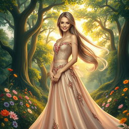 A stunning female in a beautiful gown, standing regal amidst a fantastical forest