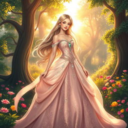 A stunning female in a beautiful gown, standing regal amidst a fantastical forest