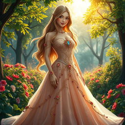 A stunning female in a beautiful gown, standing regal amidst a fantastical forest