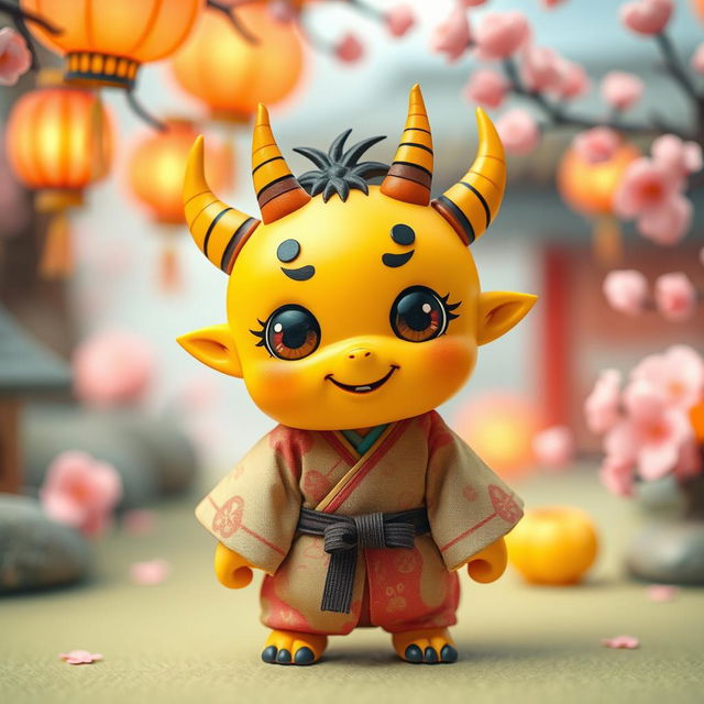 A small yellow oni (Japanese demon) characterized by its cute appearance, featuring large, round eyes, a friendly smile, and tiny curved horns adorning its head