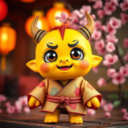 A small yellow oni (Japanese demon) characterized by its cute appearance, featuring large, round eyes, a friendly smile, and tiny curved horns adorning its head