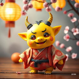 A small yellow oni (Japanese demon) characterized by its cute appearance, featuring large, round eyes, a friendly smile, and tiny curved horns adorning its head