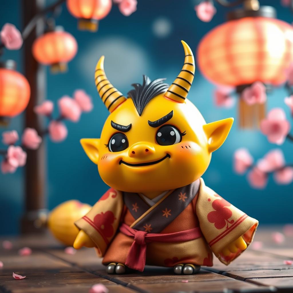 A small yellow oni (Japanese demon) characterized by its cute appearance, featuring large, round eyes, a friendly smile, and tiny curved horns adorning its head