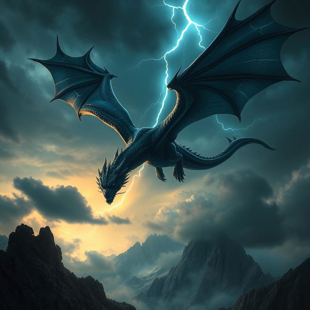 A majestic black dragon soaring through a stormy sky, its sleek scales shimmering as lightning strikes illuminate its powerful wings