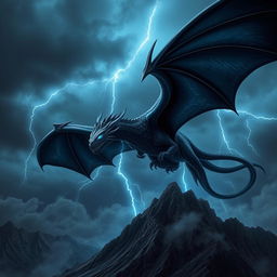 A majestic black dragon soaring through a stormy sky, its sleek scales shimmering as lightning strikes illuminate its powerful wings