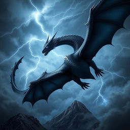 A majestic black dragon soaring through a stormy sky, its sleek scales shimmering as lightning strikes illuminate its powerful wings