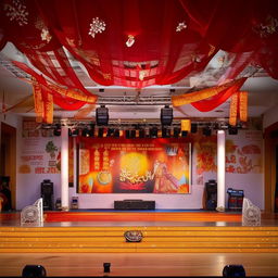 A vibrant college stage richly decorated with traditional elements and symbols. The atmosphere is lively and full of cultural appreciation.