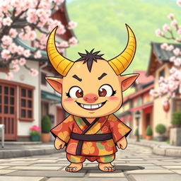 A small oni (Japanese demon) with striking yellow horns that curve elegantly from its head