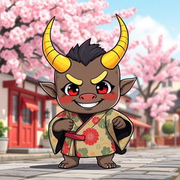 A small oni (Japanese demon) with striking yellow horns that curve elegantly from its head