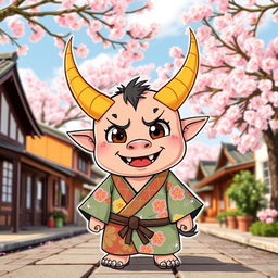 A small oni (Japanese demon) with striking yellow horns that curve elegantly from its head