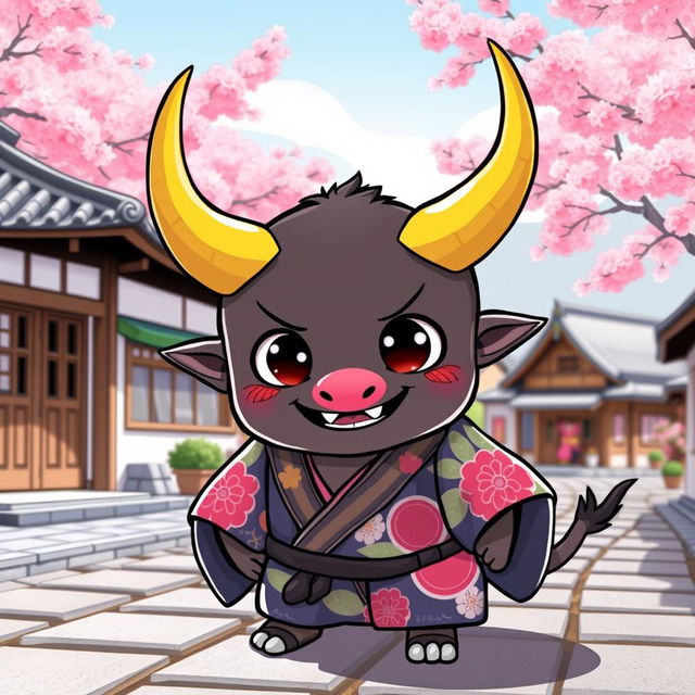 A small oni (Japanese demon) with striking yellow horns that curve elegantly from its head