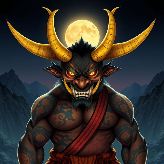 An impressive oni (Japanese demon) with striking yellow horns that curve majestically from its head, giving it a fierce yet captivating appearance