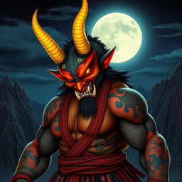 An impressive oni (Japanese demon) with striking yellow horns that curve majestically from its head, giving it a fierce yet captivating appearance