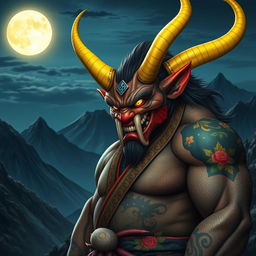 An impressive oni (Japanese demon) with striking yellow horns that curve majestically from its head, giving it a fierce yet captivating appearance