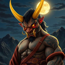 An impressive oni (Japanese demon) with striking yellow horns that curve majestically from its head, giving it a fierce yet captivating appearance