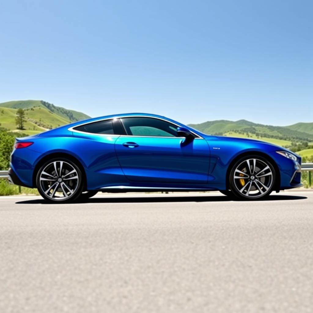 A striking image of a sleek blue car parked on a scenic road