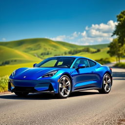 A striking image of a sleek blue car parked on a scenic road