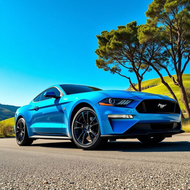 A striking image of a sleek blue car parked on a scenic road