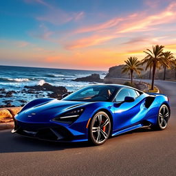 A sleek blue sports car parked on a scenic coastal road, with waves crashing against the rocks in the background