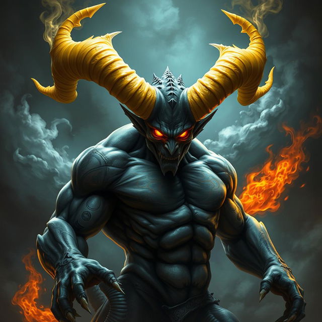 A formidable demon with striking yellow horns that spiral dramatically from its head, set against a dark and moody background