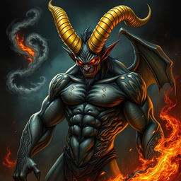 A formidable demon with striking yellow horns that spiral dramatically from its head, set against a dark and moody background