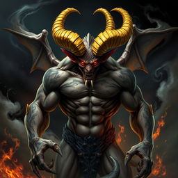 A formidable demon with striking yellow horns that spiral dramatically from its head, set against a dark and moody background