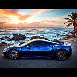A sleek blue sports car parked on a scenic coastal road, with waves crashing against the rocks in the background