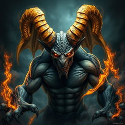 A formidable demon with striking yellow horns that spiral dramatically from its head, set against a dark and moody background