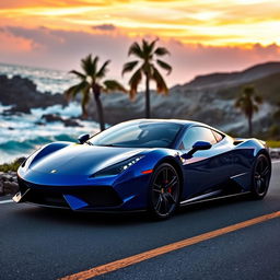 A sleek blue sports car parked on a scenic coastal road, with waves crashing against the rocks in the background