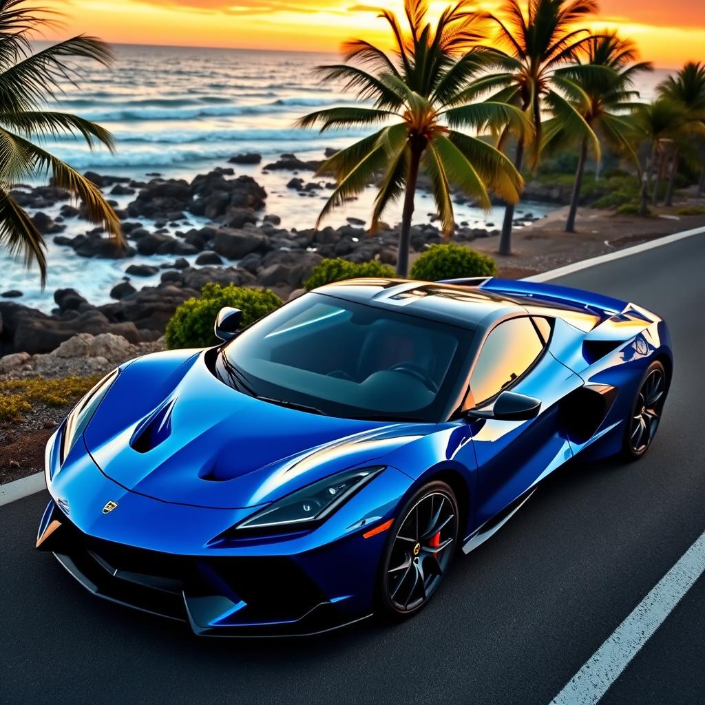 A sleek blue sports car parked on a scenic coastal road, with waves crashing against the rocks in the background