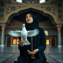 A professional photograph capturing an Iranian woman in a traditional dark chador, kneeling in a serene mosque, engaged in prayer