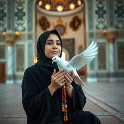 A professional photograph capturing an Iranian woman in a traditional dark chador, kneeling in a serene mosque, engaged in prayer