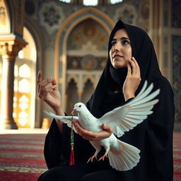 A professional photograph capturing an Iranian woman in a traditional dark chador, kneeling in a serene mosque, engaged in prayer