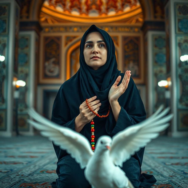 A professional photograph capturing an Iranian woman in a traditional dark chador, kneeling in a serene mosque, engaged in prayer