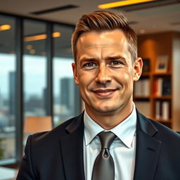 A high-quality portrait of an adult man with a confident expression, dressed in a tailored suit and tie, standing in a professional office setting