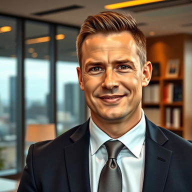 A high-quality portrait of an adult man with a confident expression, dressed in a tailored suit and tie, standing in a professional office setting