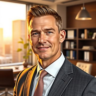 A high-quality portrait of an adult man with a confident expression, dressed in a tailored suit and tie, standing in a professional office setting