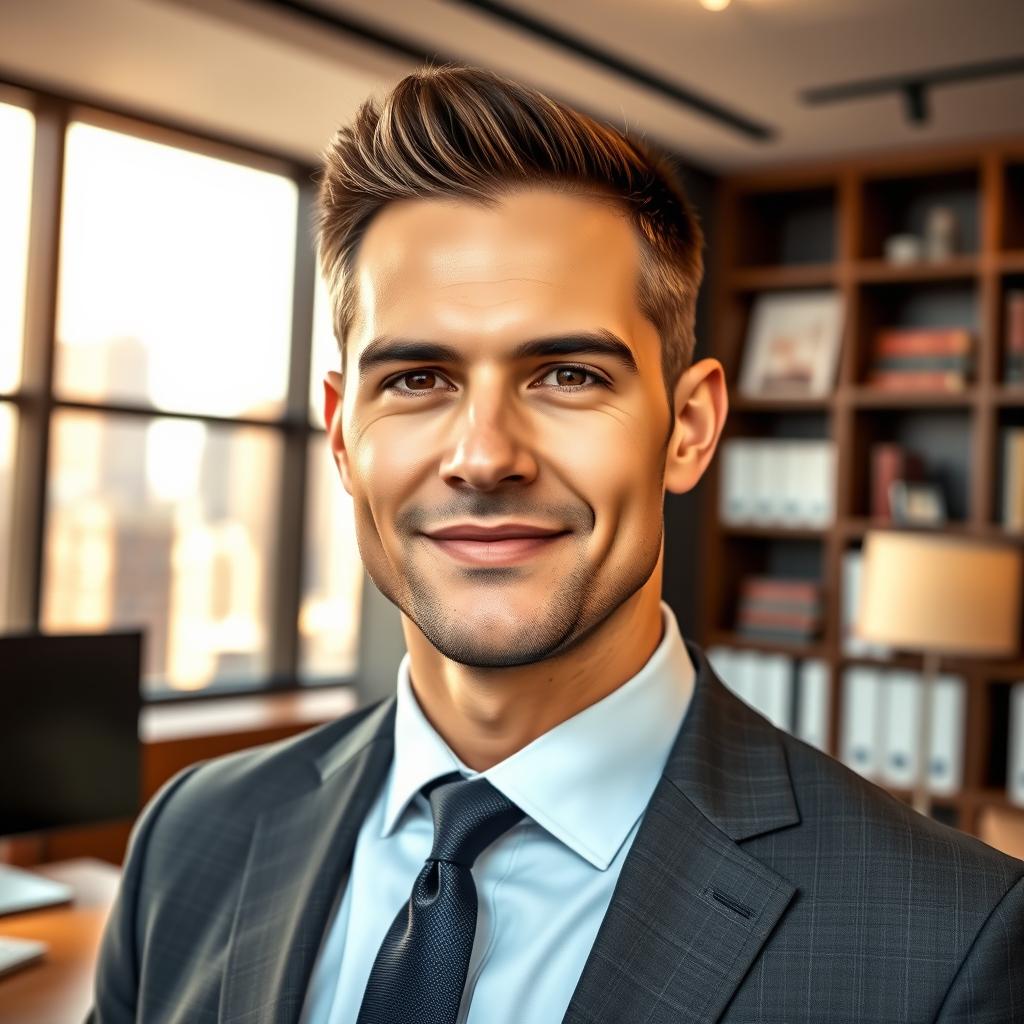 A high-quality portrait of an adult man with a confident expression, dressed in a tailored suit and tie, standing in a professional office setting