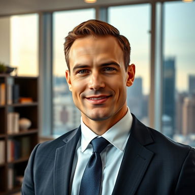A high-quality portrait of an adult man with a confident expression, dressed in a tailored suit and tie, standing in a professional office setting