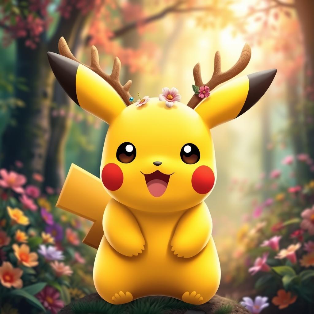 A cute and playful Pikachu with whimsical horns that resemble the antlers of a deer, giving it a unique and fantastical look