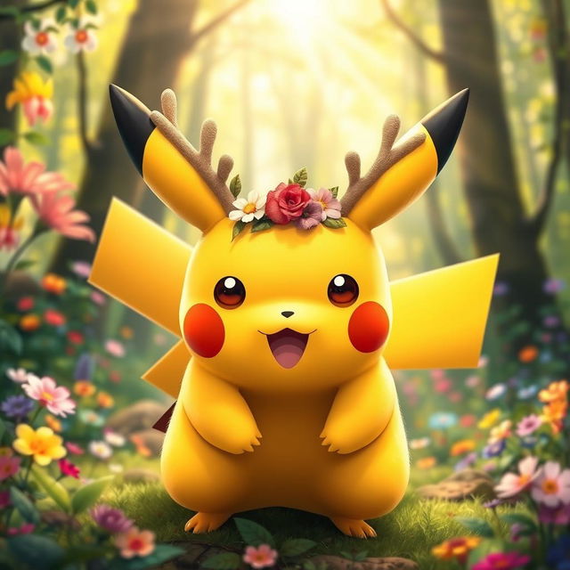 A cute and playful Pikachu with whimsical horns that resemble the antlers of a deer, giving it a unique and fantastical look